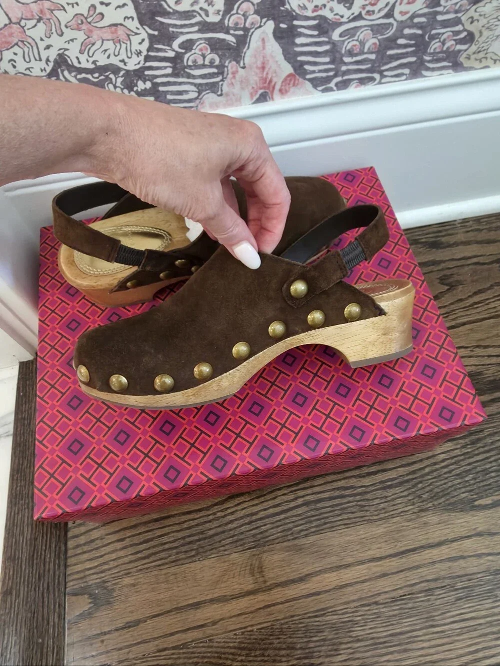 Tory Burch Brown Suede Studded Clog Slingback